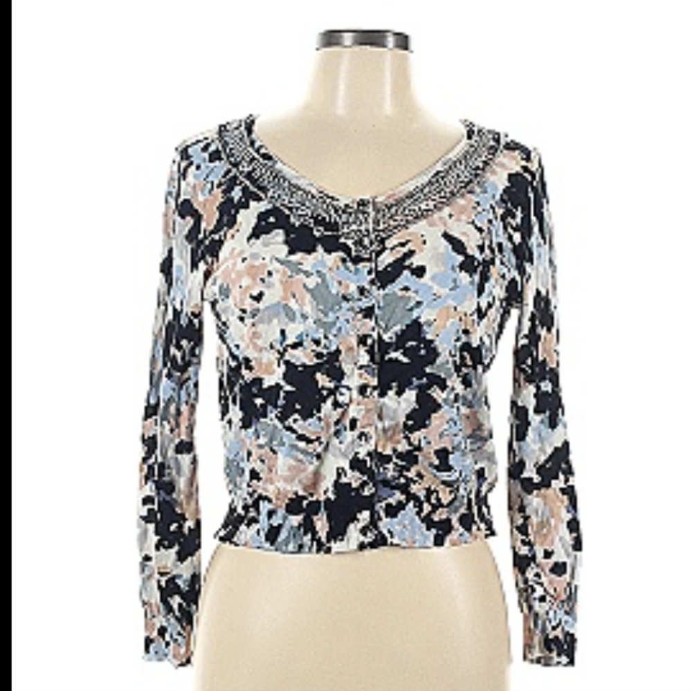 Anthropologie HWR beaded watercolor cardigan size L